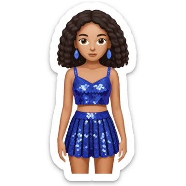Solange with dark brown long hair, periwinkle sequin crop top and skirt sticker