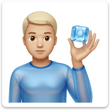 man holding a large clear slightly blue shiny transparent ice cube in one hand, calm neutral expression, standing upright, minimalistic glossy 3D clean edges, plain white background, matching Apple's emoji design sticker