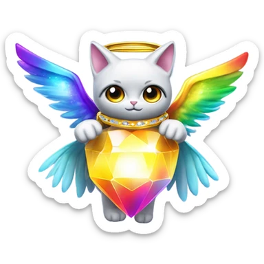 Transcendent Heavenly Rainbow 4d Diamond ultra mega surpream beyond Omni-Cat God with wings and a ring around its body and another ring above it’s head full body sticker