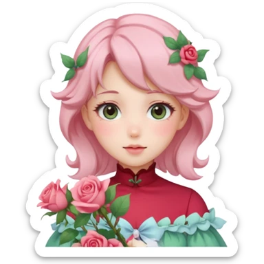 gorgeous pastel anime style lady with blushing face and roses cottagecore fairy sticker