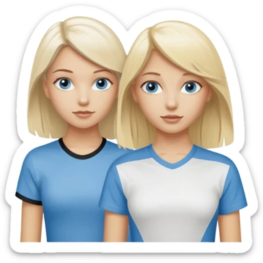 2 caucasian girls, one bleach blonde, then other a slightly darker shades of blonde. both grayish blue eyes. lighter blonde has a skater-y2k aesthetic and the dark blonde has a y2k-coquette aesthetic sticker