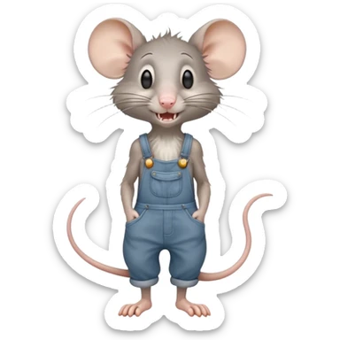 skinny grey-rat disheveled long-nose wearing-overalls no-shirt confused teeth-showing full-body sticker