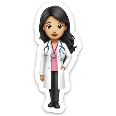Wavy long black hair Asian female doctor in pink undershirt white coat over pink stethoscope  sticker