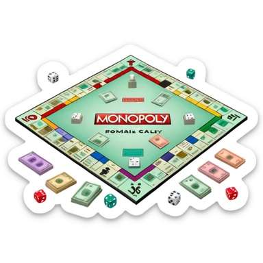 A photorealistic icon featuring a Monopoly board with property spaces, colorful game tokens, dice, and stacks of money. The design includes detailed textures of the board, cards, and tokens, capturing the essence of the Monopoly game. Transparent background, symbolizing Monopoly and board games. sticker