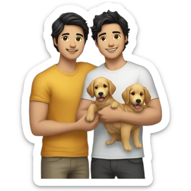 gay-couple,-1-guy-straight-black-hair-and-1-australian-white-guy-with-blackhair-slightly-curly-holding-a-golden retriever puppy sticker