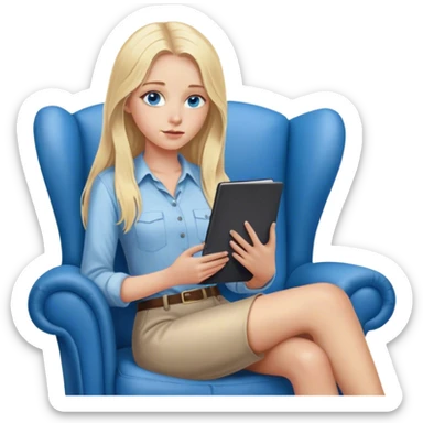 A cinematically realistic blonde with long hair and blue eyes is sitting on an armchair with a notebook in her hands, a girl is sitting opposite. sticker