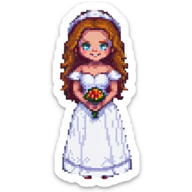 Chucky's bride in a wedding dress standing and smiling in pixel art style sticker