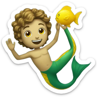 Underwater man mermaid swimming with fins, snorkel equipement, holding a small yellow ball, winning enthousiasm sticker
