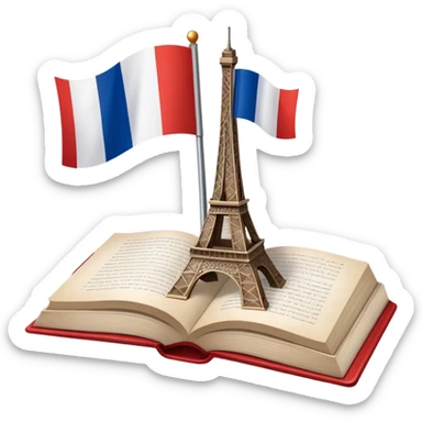 An icon featuring the flag of France, symbolizing the French language. The design includes an open book and the Eiffel Tower behind, representing language learning and cultural elegance. Transparent background highlights the beauty of French heritage. sticker