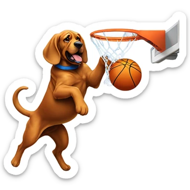 A blue and orange bloodhound dunking a basketball. sticker