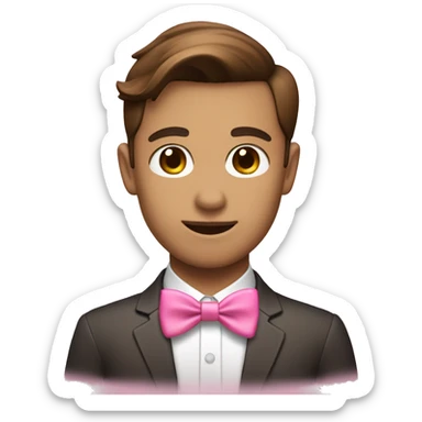 a Asia Cute Gay headhunter(white people brown hair) with pink bow tie and heart eyes sticker