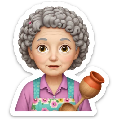cartoon Apple iOS emoji style rural elderly woman, chubby face, short gray curly hair, flowery blouse, colorful apron, big expressive eyes, pastel colors, Chilean wooden kitchen background, clay pots, warm light, detailed and clean vector art sticker