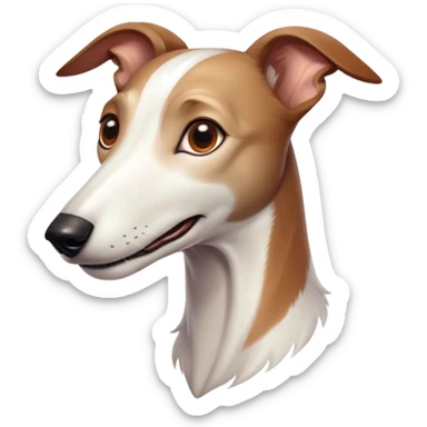 Cinematic Cute White and Brown Greyhound Portrait Emoji, Head tilted playfully and inquisitively, featuring a smooth white Fur with vibrant brown accents and round, sparkling eyes filled with curiosity, Simplified yet irresistibly adorable features, highly detailed, glowing with a warm, friendly glow, high shine, affectionate and nimble, stylized with a touch of whimsy, bright and endearing, soft glowing outline, capturing the essence of a mischievous yet loving racer, so playful it feels like it could sprint out of the screen and into your arms! sticker