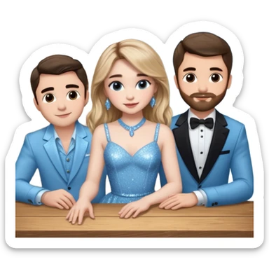 Sabrina carpenter in a light blue sparkly dress at a table with 3 handsome men, and she is standing up reaching over  sticker