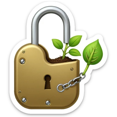 A seed germinating with a sprout sticking out of it in the shape of a pad lock with the seed being the body of the padlock and the sprout being the shackle of the padlock. sticker