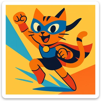cat superhero girl, dynamic pose, mask and cape, energetic expression, vibrant colors sticker