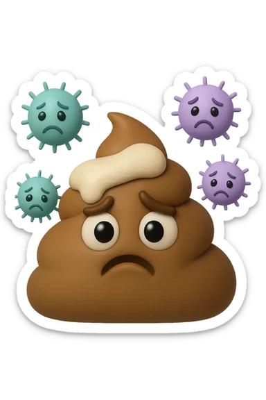 emoji stile iphone 3d di una cacca con muco bianco sopra, dietro cui fluttuano batteri intestinali tristi, iperrealistiche 4k sticker