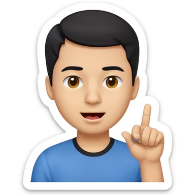 "Create a playful emoji of a young man with short black hair, wearing a blue shirt. He is winking with one eye, sticking out his tongue dramatically, and pointing to his forehead with one hand in a cheeky gesture.
 sticker