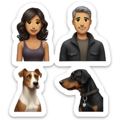 A handsome man with breed a beautiful girl playing with a boy Doberman dog sticker