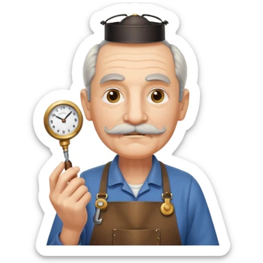 A gentle elderly inventor with tidy mustache, apron, and miniature clockwork device.
 sticker