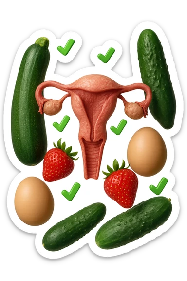 zucchine, cetrioli, fragole, uova fluttuano insieme ad un utero umano realistico anatomico e a piccole spunte verdi di "verificato" 3d, IPERREALISTICO 4K sticker