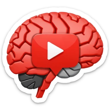 Minimalist flat icon design, brain silhouette with YouTube play button triangle integrated inside, clean vector style, single color or gradient, simple lines, professional logo style, white background, centered composition sticker