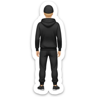fullbody caucasian man in black hoodie on head, hands in his pockets and black pants rear backview sticker