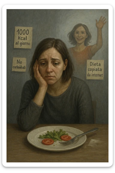 Donna tra i 30 e i 40 anni seduta a tavola, davanti a un piatto quasi vuoto con solo insalata e due fette di pomodoro. Il suo volto è visibilmente triste, stanco, con occhi spenti. Intorno a lei, foglietti attaccati con scritte come '1000 kcal al giorno', 'No carboidrati', 'Dieta copiata da internet'. L’atmosfera è fredda, grigia, priva di energia. Il suo corpo appare spento e scarico. Sullo sfondo, la sagoma di sé stessa più felice e piena di vitalità, come ricordo di un approccio migliore mai seguito. Stile realistico e simbolico sticker