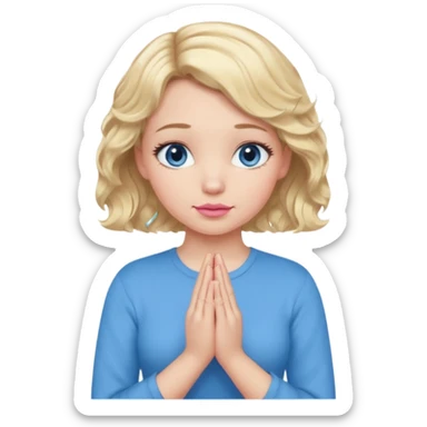 Girl Blonde short wavy hair,  blue eyes, cute blue top, long lashes, pink lips, praying hands sticker
