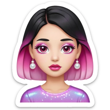 “black hair Emoji girl, glossy pink eyelids, ombré cherry lips, soft contour, subtle glitter under eyes, pearl hair clips, trendy hairstyle, iridescent modern top.” sticker