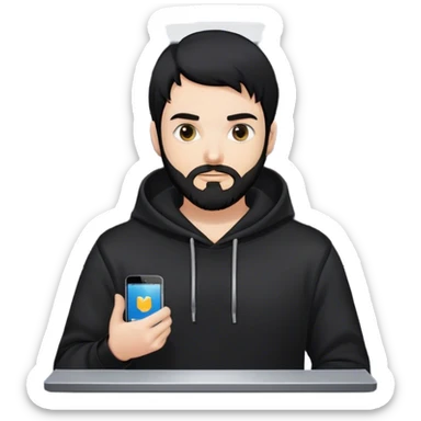 hackeur blanc cheveux noir barbe et capuche noir à côté d'un server sticker