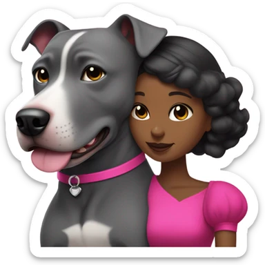 Black lady with black hair wearing hot pink dress hugging large gray pitbull with spiked pink collar sticker