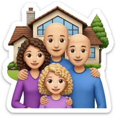 animated emoji style group selfie family of four in front of a house, dad bald South Asian medium light skin smiling, mom and older daughter curly hair pale skin American or Middle Eastern, younger daughter straight hair medium light skin South Asian, both sisters teenagers amused, parents smiling sticker