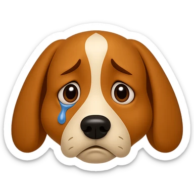 Create an emoji style image of a dog with an even sadder look, ears lowered further, shiny eyes with a tear, and a very sad expression. The background should be transparent. The style should resemble apple style emojis with concise details. sticker