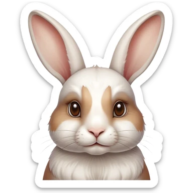 Cinematic Noble White and Brown Rabbit Portrait Emoji, Poised and regal, with a balanced, compact build and a beautifully patterned fur of pristine white accented by rich brown patches, long, alert ears and deep-set soulful eyes, Simplified yet sharp and sophisticated features, highly detailed, glowing with a soft, dignified glow, high shine, intelligent and gentle, stylized with an air of refined charm, focused and attentive, soft glowing outline, capturing the essence of a watchful and confident companion, so majestic it feels as though it could hop out of the screen with effortless authority! sticker