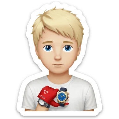 create boy blonde hair long messy, light eyes, white t shirt, rich, long hair, eyes blue, acessory rolex or cartier sticker