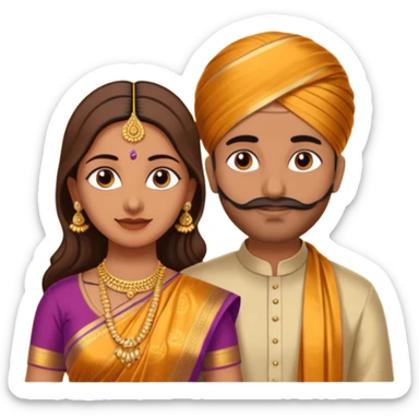 Brown colored South Indian Husband with wheatish colored South Indian wife where Husband does not wear a turban and wife wears a Silk Saree sticker