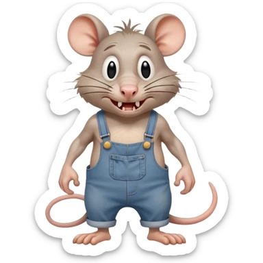  depressed disheveled dizzy cartoon hillbilly rat wearing overalls no shirt. standing and talking full body. human eyes. teeth showing talking. walking talking moving arms. angry expression sad sticker