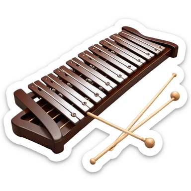 Create a detailed and professional emoji representing a Fleet FLT-SX37 orchestral long wooden xylophone. The design should showcase the large, wooden bars of the xylophone arranged in a traditional layout, with a polished, smooth finish. The bars should be dark brown or mahogany, with soft metallic reflections on the resonators underneath. Include two mallets with rubber or wooden heads resting on the bars, emphasizing their role in striking the notes. The xylophone should have a sophisticated and professional appearance, with clean lines and a polished look. Add subtle musical notes or sound waves to represent the vibrant sound produced by the instrument. The background should be transparent. sticker
