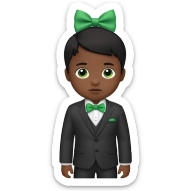 baby boy black hair in suit, with green bow sticker