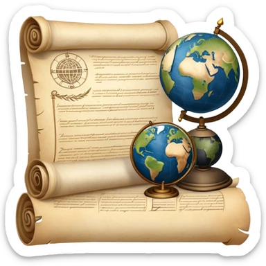 An icon featuring an ancient scroll, a quill pen, and a globe, symbolizing the study of history. The design includes a timeline with significant historical events, with ruins in the background to evoke past civilizations. Transparent background emphasizes the exploration of human history sticker