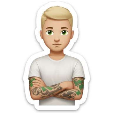 White young man with short dark taper fade hair cut and slight goatee and neutral expression with his arms folded. Green eyes and arm tattoos sticker