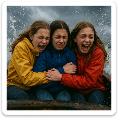 three teenage girls on a log flume, holding onto each other, rain jackets, gloomy sky, water droplets everywhere, cold weather mood sticker