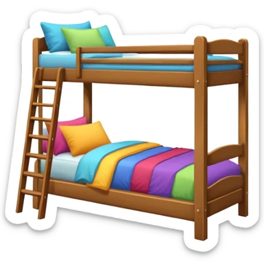 "Cozy bunk bed in a bright bedroom, wooden frame, colorful bedding, small ladder, soft natural light, realistic and detailed." sticker