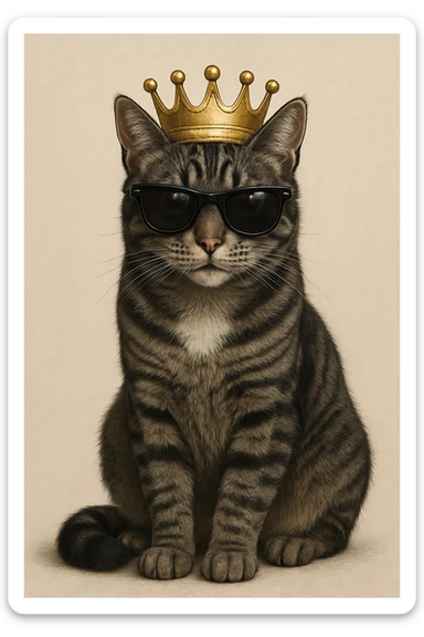 realistic digital illustration of a Mackerel tabby cat, dark grey with black stripes, amber eyes, and a white chest patch. The cat sits naturally, facing slightly forward, with a golden crown and black sunglasses. Lifelike and highly detailed. sticker