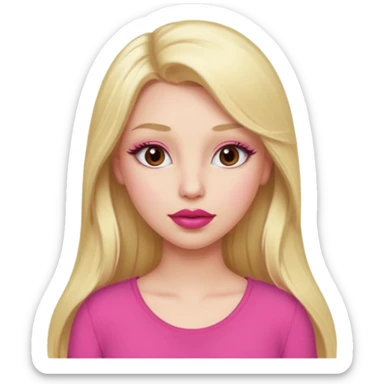 a girl with long eyelashes a pink outfit, long blonde hair, and big lips with red lipstick sticker