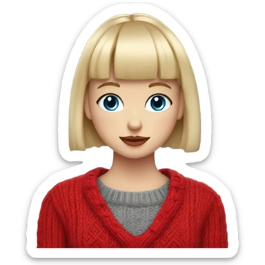 girl with short blonde hair and bangs (a fringe) with blue eyes, long eyelashes and red lipstick in a red cable knit sweater holding a grey cat sticker