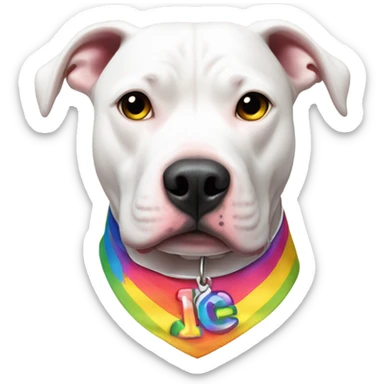 White pitbull with a collar that spells out Ice wearing gay pride shirt sticker