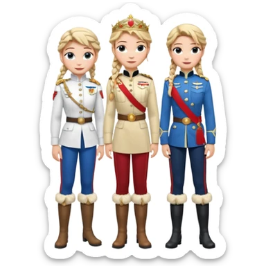 Blonde single braided haired Elsa and brown double braided haired Anna arendelle from disney frozen movie are same wearing gold tiara white military tunic arm badge shoulder cord medal red sash blue belt black trouser with both side red stripe white overknee boots full body view sticker