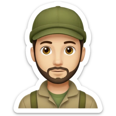 Apple emoji style young man with light skin, short stubble beard, dark eyes, olive green cap, dark brown hair. Clean shapes, soft gradients, friendly expression. sticker